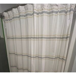 Cotton shower curtain mustard gold & grey beautiful EUC 72” w/ new hanging rings